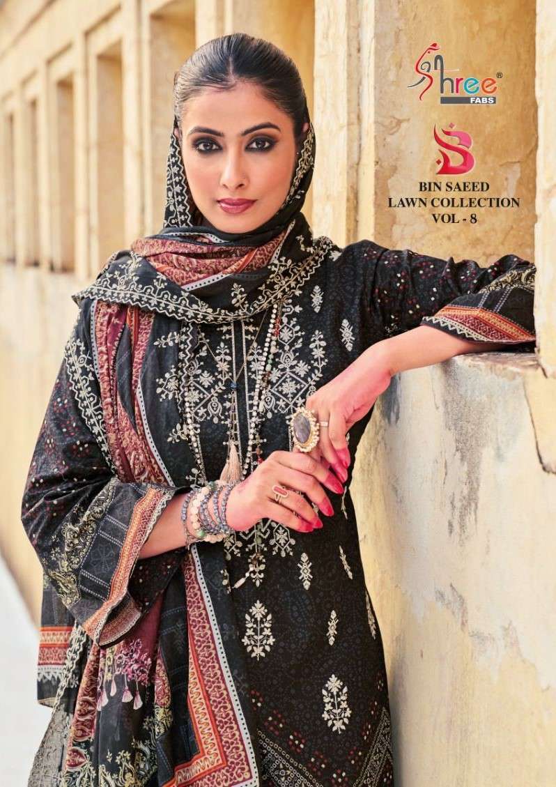 BIN SAEED LAWN COLLECTION VOL-8 BY SHREE FABS 8001 TO 8003 SERIES COTTON WORK DRESSES