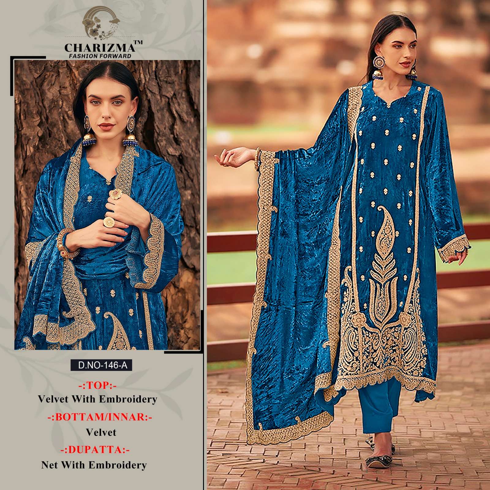 CHARIZMA 146 COLOURS BY AQSAWHOLESALE 146-A TO 146-D SERIES VELVET WORK WINTER DRESSES