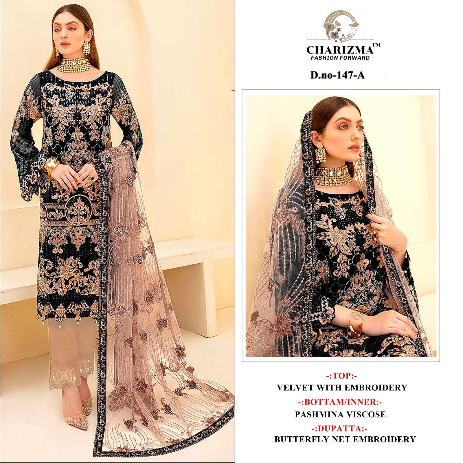 CHARIZMA 147 COLOURS BY AQSAWHOLESALE 147-A TO 147-D SERIES VELVET WORK WINTER DRESSES