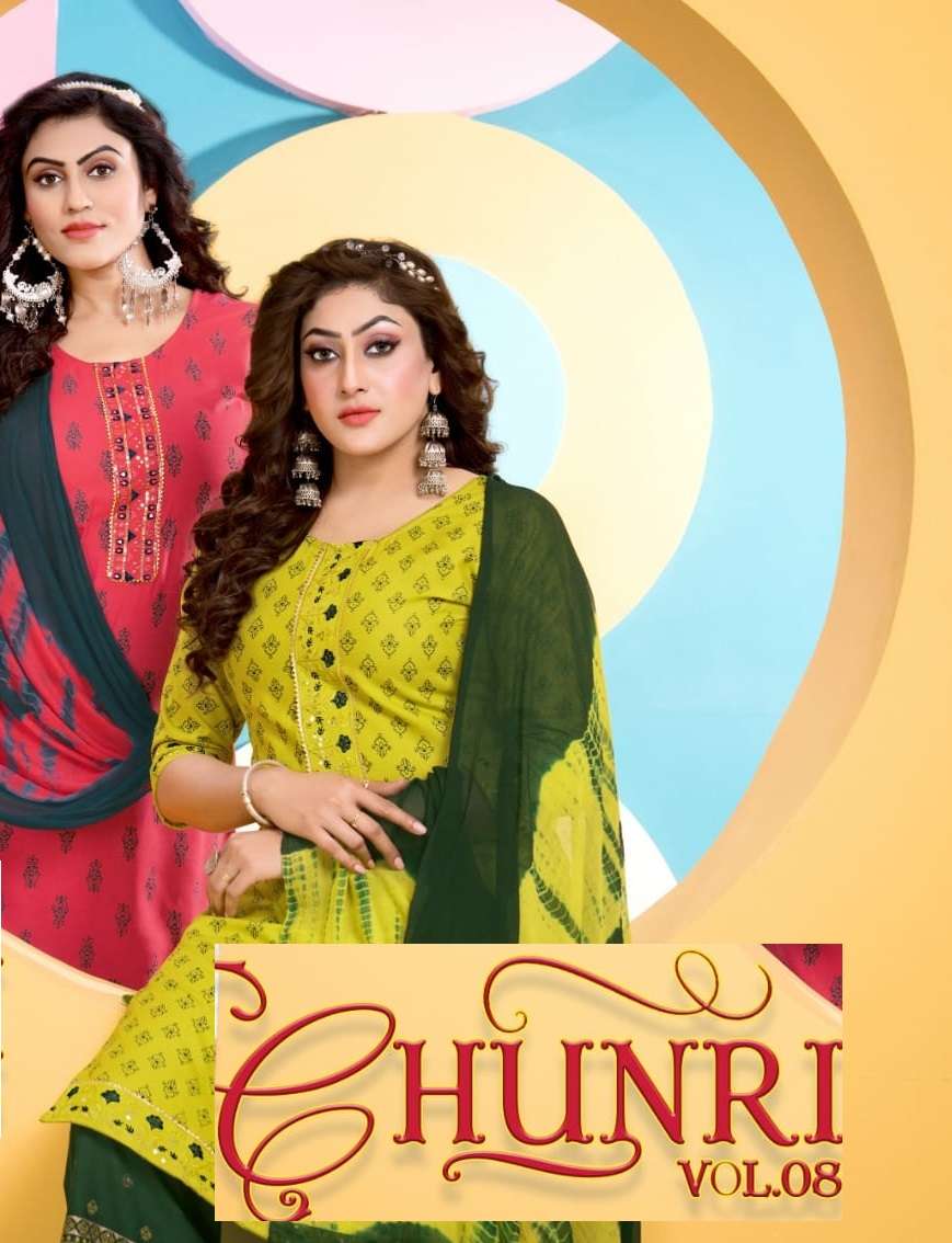 CHUNRI VOL-8 BY KINTI 801 TO 806 SERIES HEAVY RAYON EMBROIDERY READYMADE DRESSES