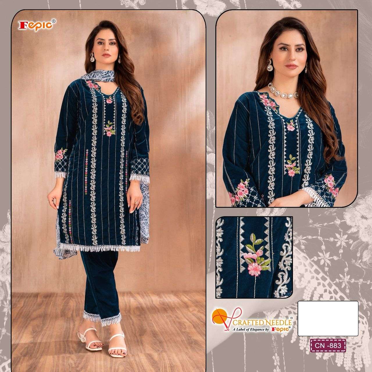 CN-883 COLOURS BY FEPIC 883-A TO 883-C SERIES VELVET WORK WINTER READYMADE DRESSES