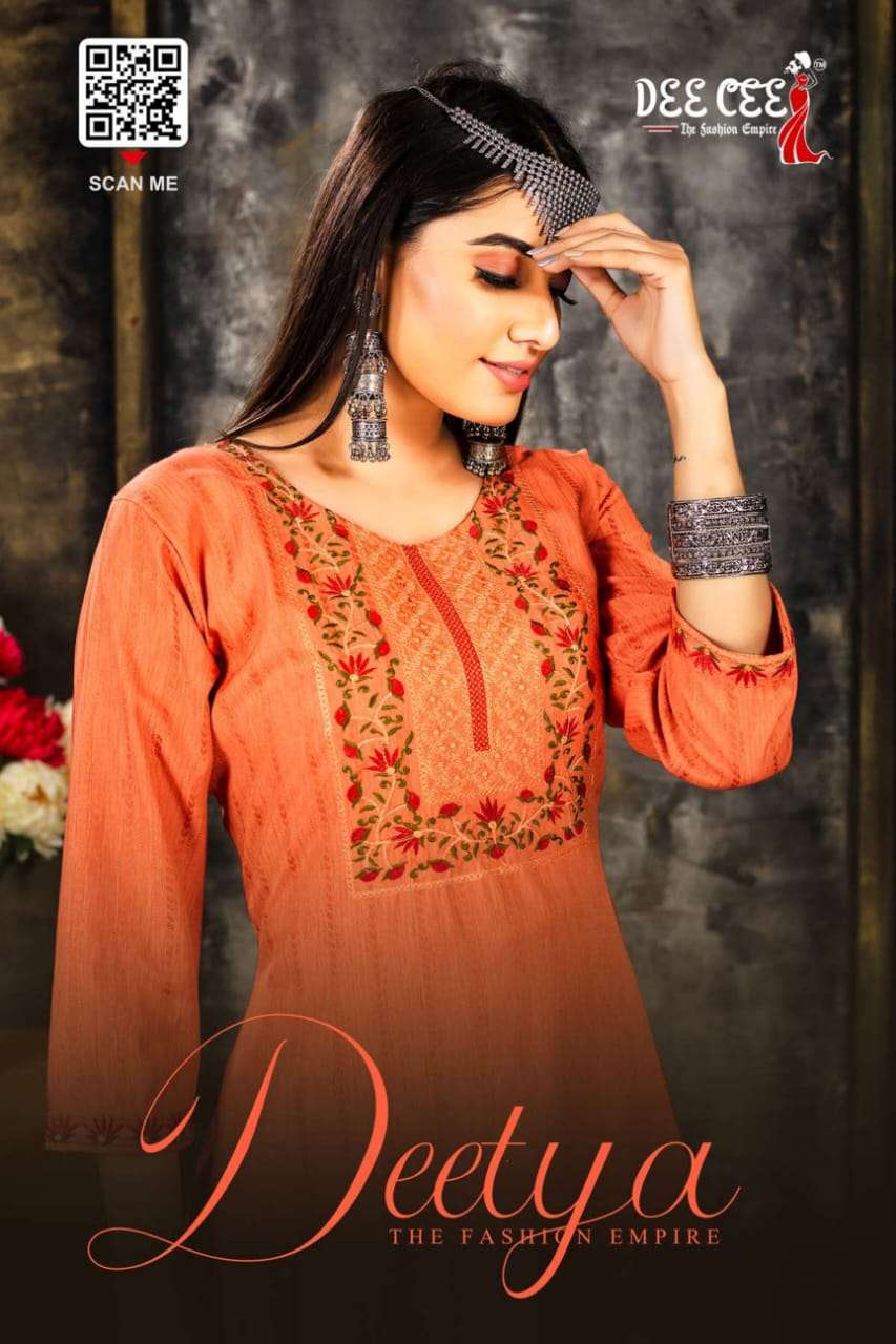 DEETYA BY DEE CEE 101 TO 106 SERIES BOMBAY LINING EMBROIDERY WORK KURTIS