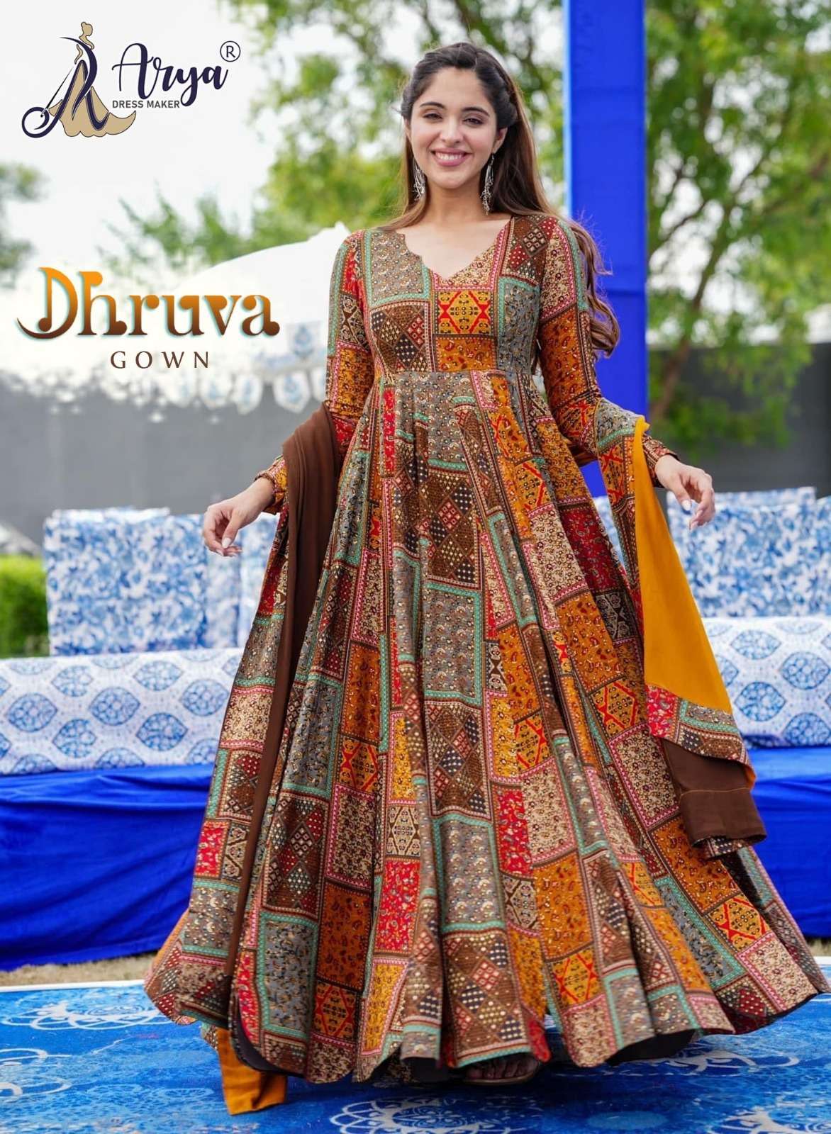 DHRUVA BY ARYA DRESS MAKER HEAVY MUSLIN PRINT WORK GOWN & DUPATTA