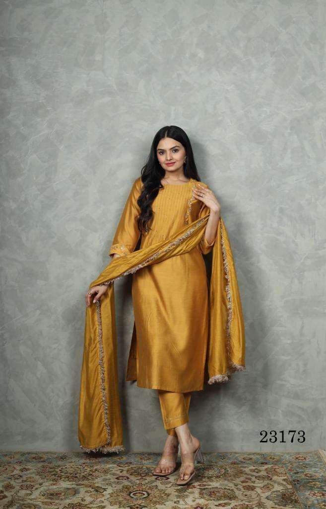 INDIRA VOL-2 BY AQSAWHOLESALE 23173 TO 23175 SERIES CHANDERI SILK WORK READYMADE DRESSES