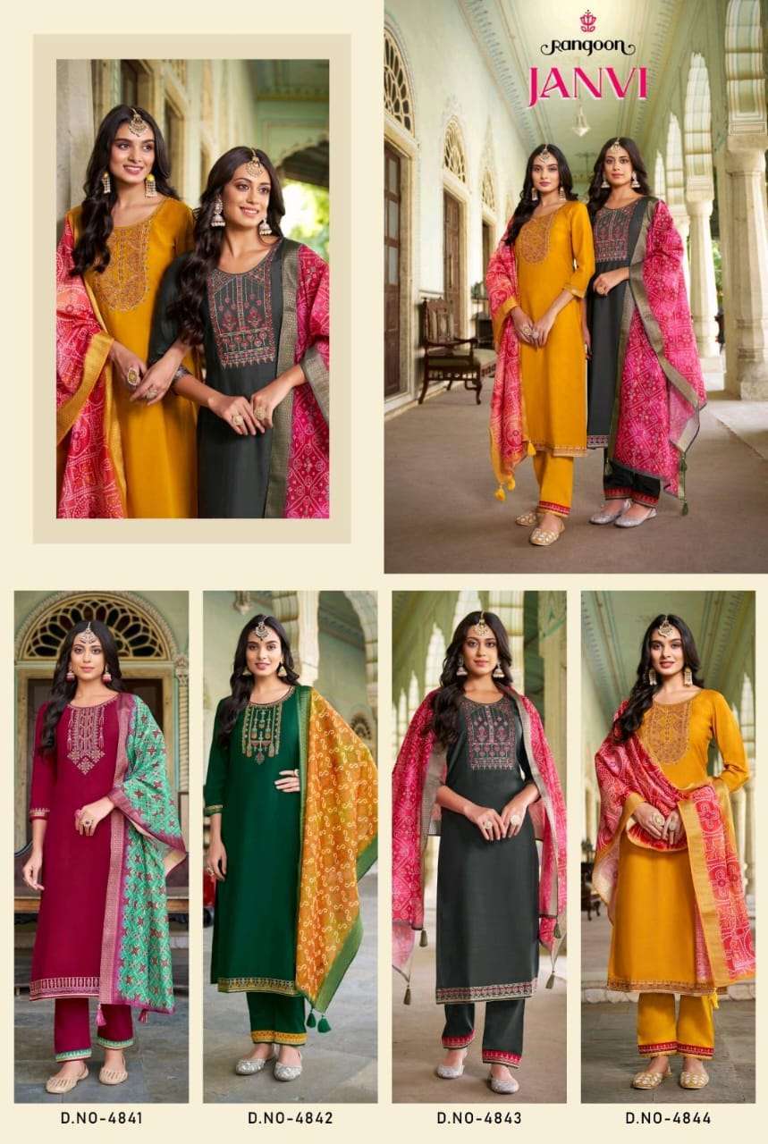 JANVI BY RANGOON 4841 TO 4844 SERIES SILK MUSLIN EMBROIDERY WORK READYMADE DRESSES