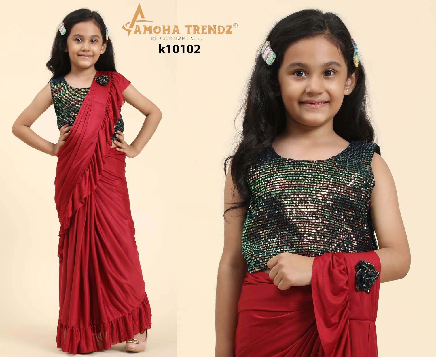 K10102 COLOURS BY AMOHA FANCY FABRIC WORK KIDS READYMADE SAREES