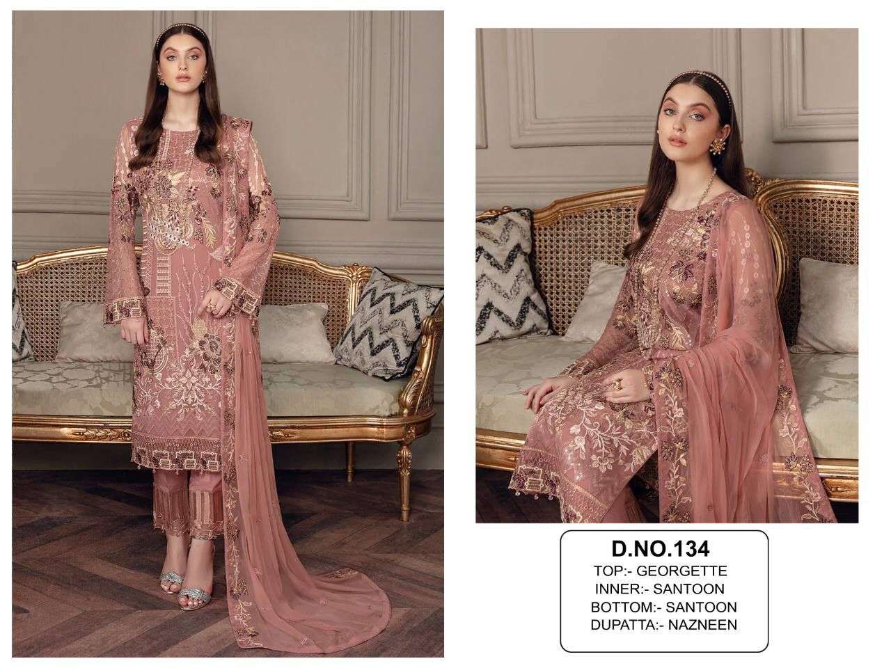 KF-134 COLOURS BY AQSAWHOLESALE 134-A TO 134-F SERIES GEORGETTE WORK PAKISTANI DRESSES