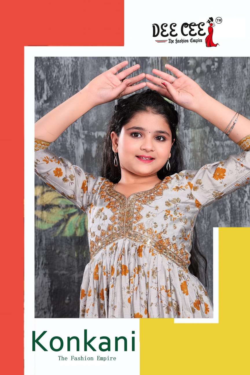 KONKANI BY DEE CEE 101 TO 106 SERIES MODAL PRINT EMBROIDERY READYMADE KIDS DRESSES