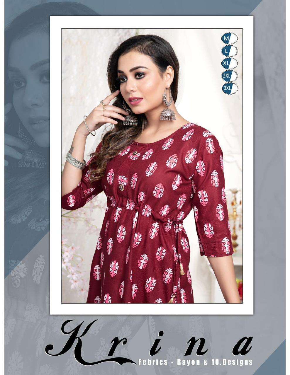 KRINA BY AQSAWHOLESALE 01 TO 10 SERIES RAYON PRINT LONG KURTIS