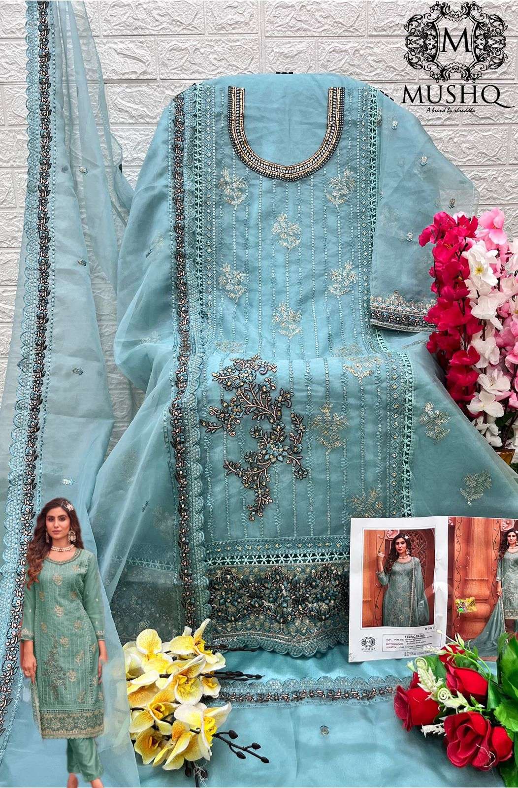 M-282 COLOURS BY MUSHQ 282-A TO 282-D SERIES ORGANZA EMBROIDERY WORK PAKISTANI DRESSES