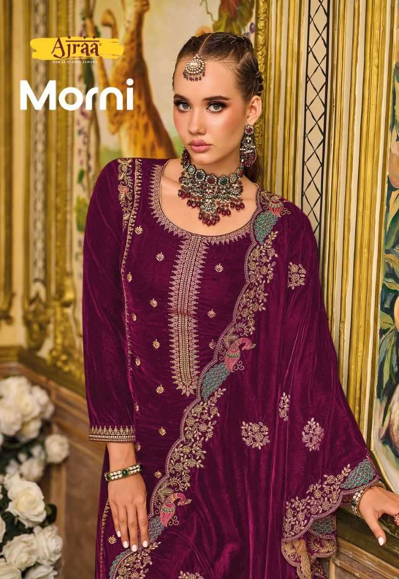 MORNI BY AJRAA 21121 TO 21125 SERIES VELVET EMBRODIERY WORK WINTER WEAR DRESSES