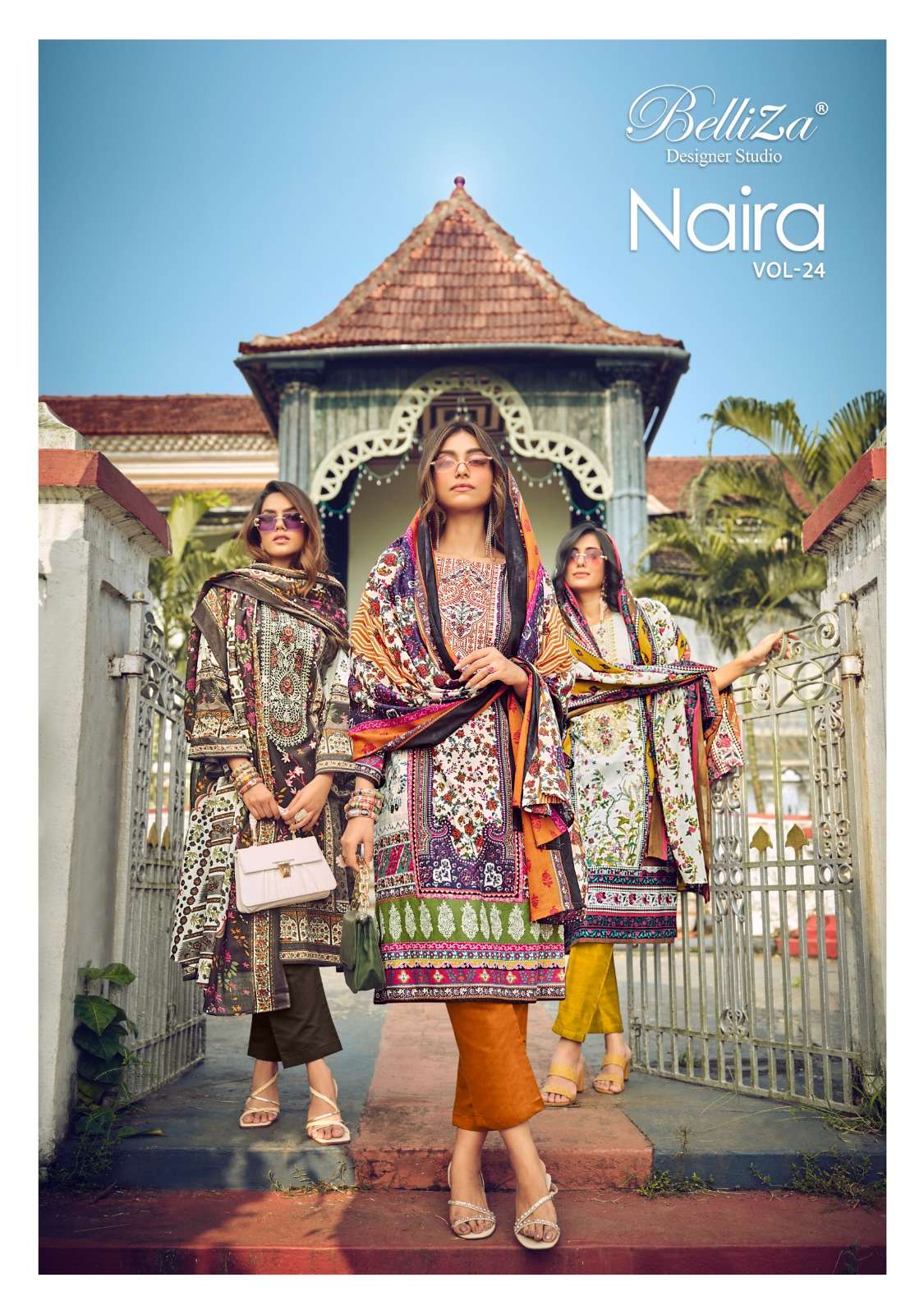 NAIRA VOL-24 BY BELLIZA 858-001 TO 858-010 SERIES PURE COTTON PRINT WORK PAKISTANI DRESSES