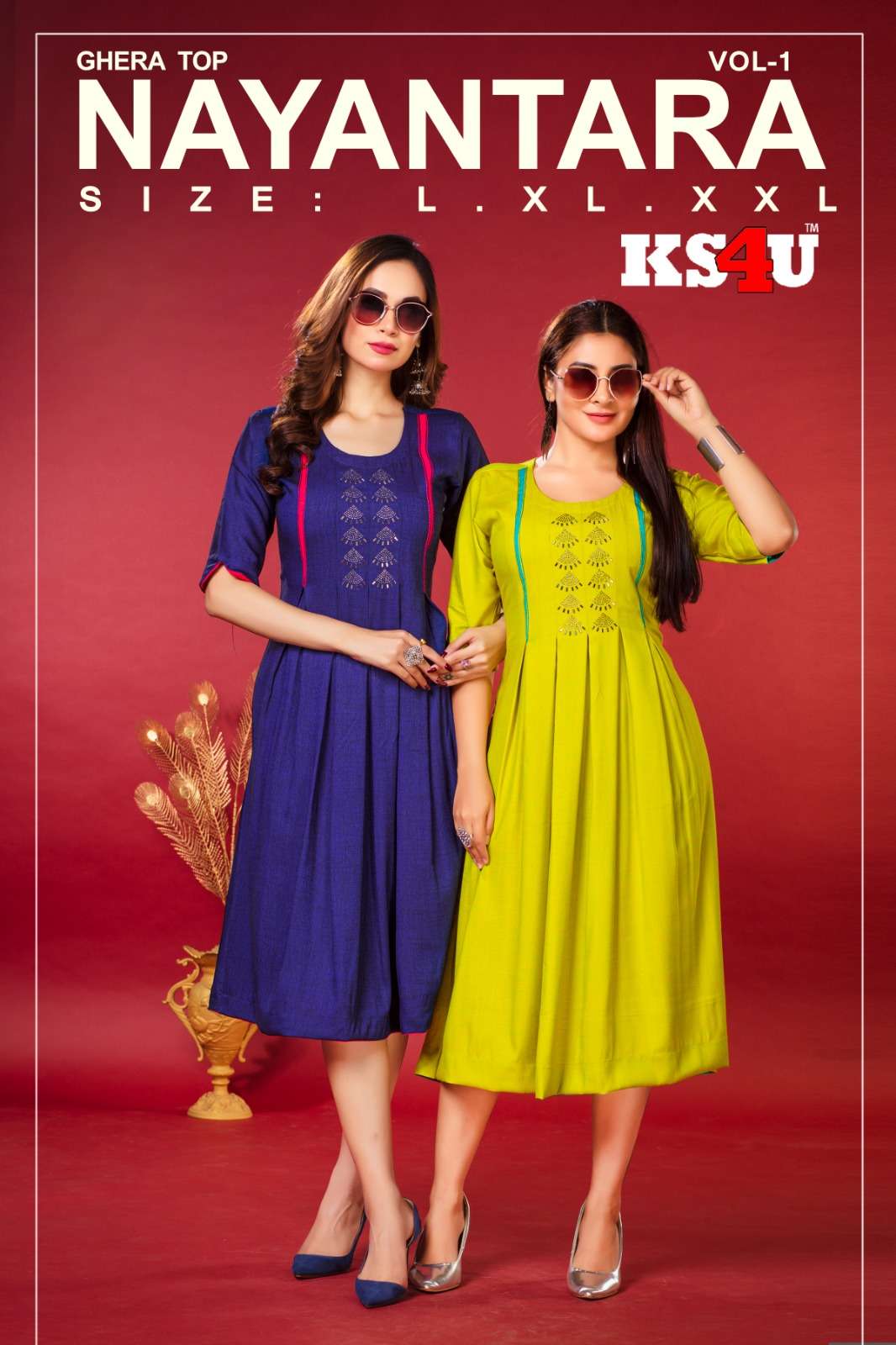 NAYANTARA BY KS4U 101 TO 105 SERIES TWO TONE FABRIC WORK KURTIS