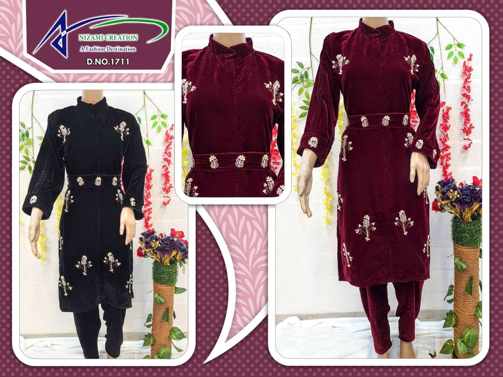 NIZAMI CREATION 1171 NX BY AQSAWHOLESALE VELVET EMBRODIERY KURTI & PANTS