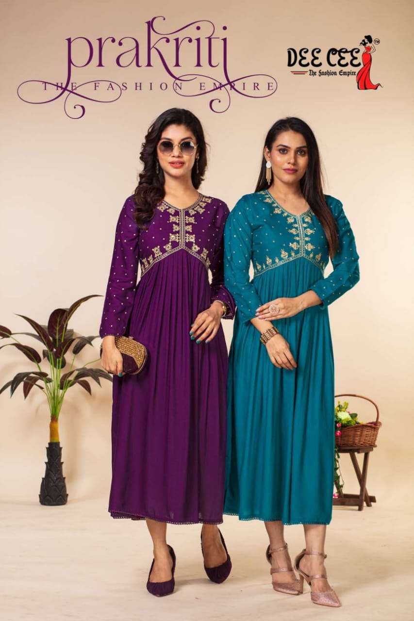 PRAKRITI BY DEE CEE 101 TO 106 SERIES RAYON EMBROIDERY WORK KURTIS