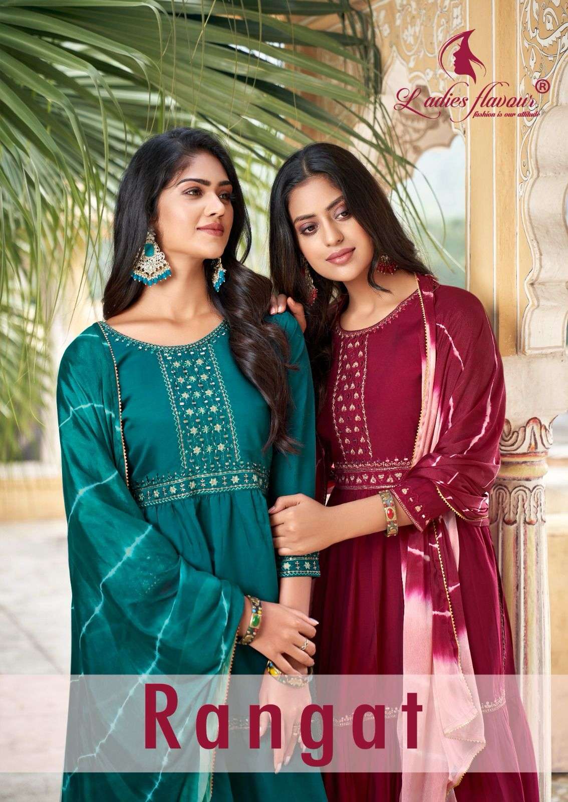 RANGAT BY LADIES FLAVOUR  1001 TO 1004 SERIES CHANDERI VISCOSE WORK READYMADE DRESSES