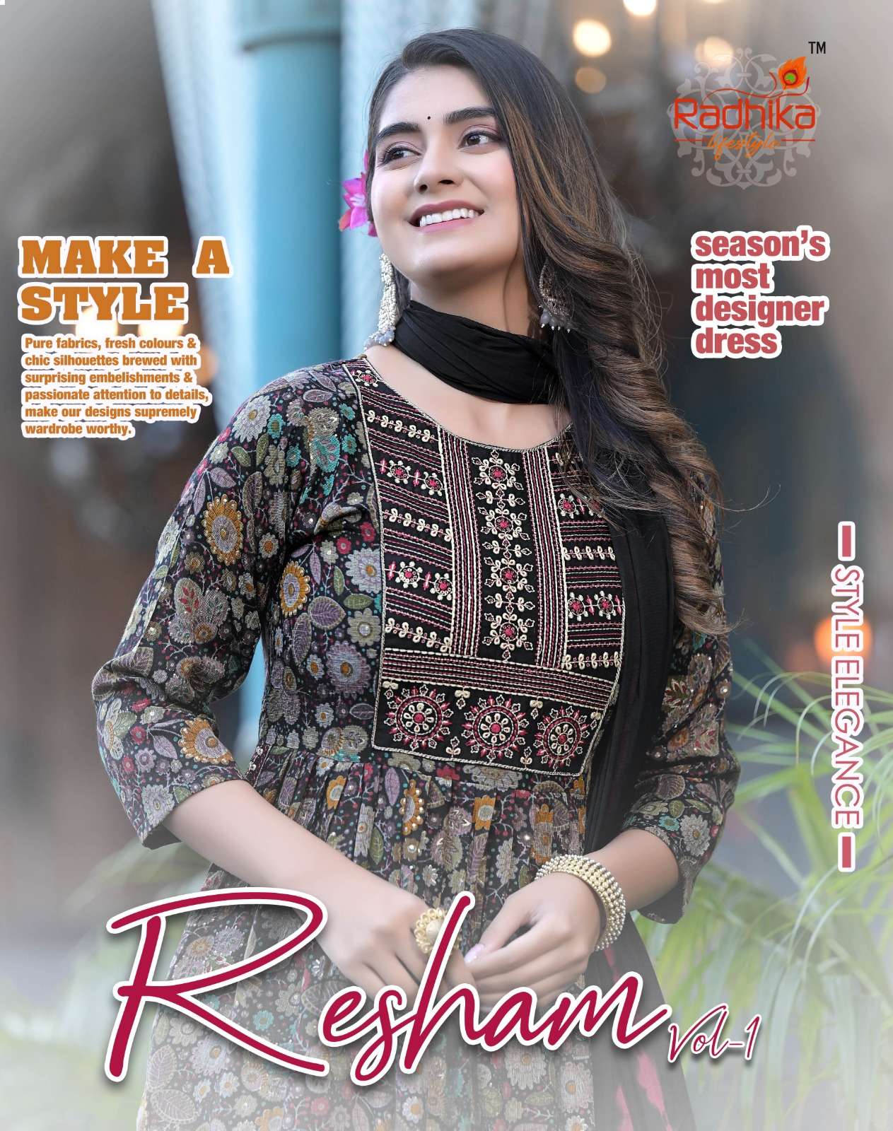 RESHAM VOL-1 BY RADHIKA LIFESTYLE 1001 TO 1008 SERIES RAYON PRINT WORK READYMADE DRESSES