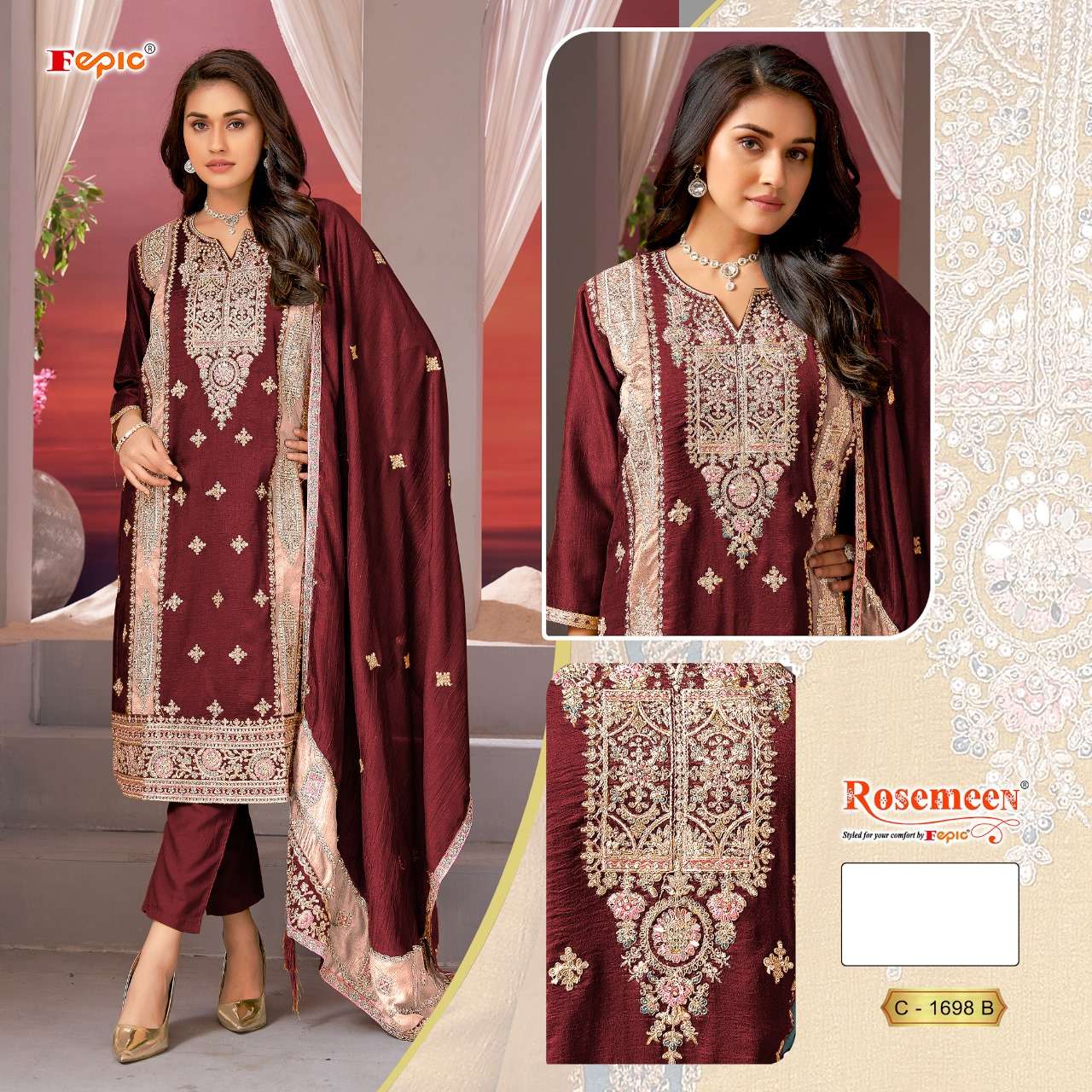 ROSEMEEN 1698 NX BY FEPIC CHINON SILK EMBROIDERY WORK PAKISTANI DRESSES