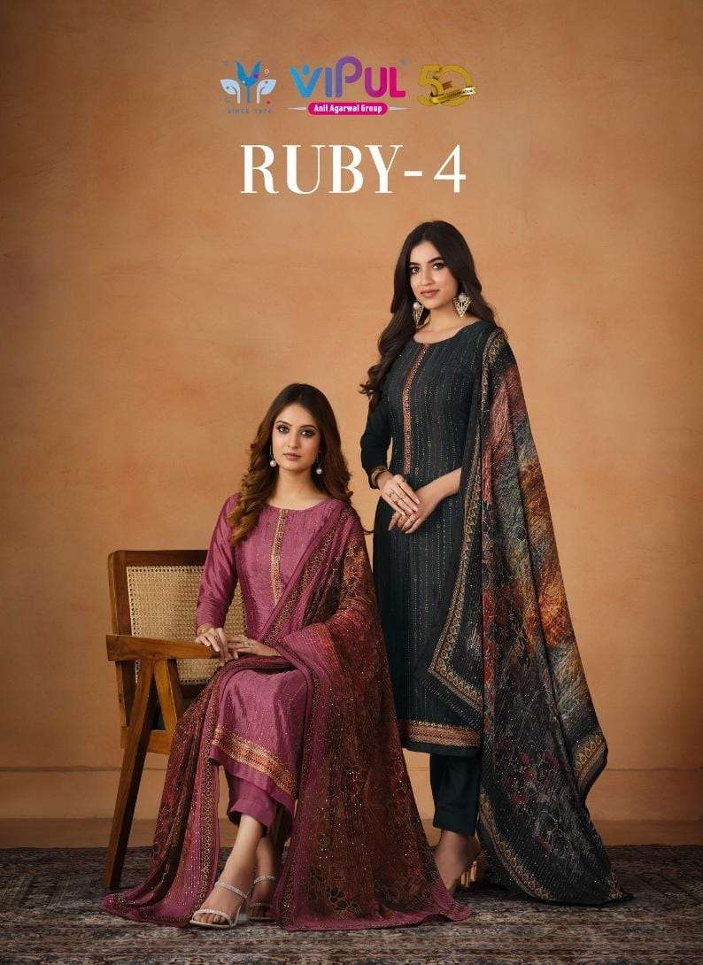 RUBY VOL-4 BY VIPUL 5381 TO 5386 SERIES CHINON EMBROIDERY WORK DRESSES