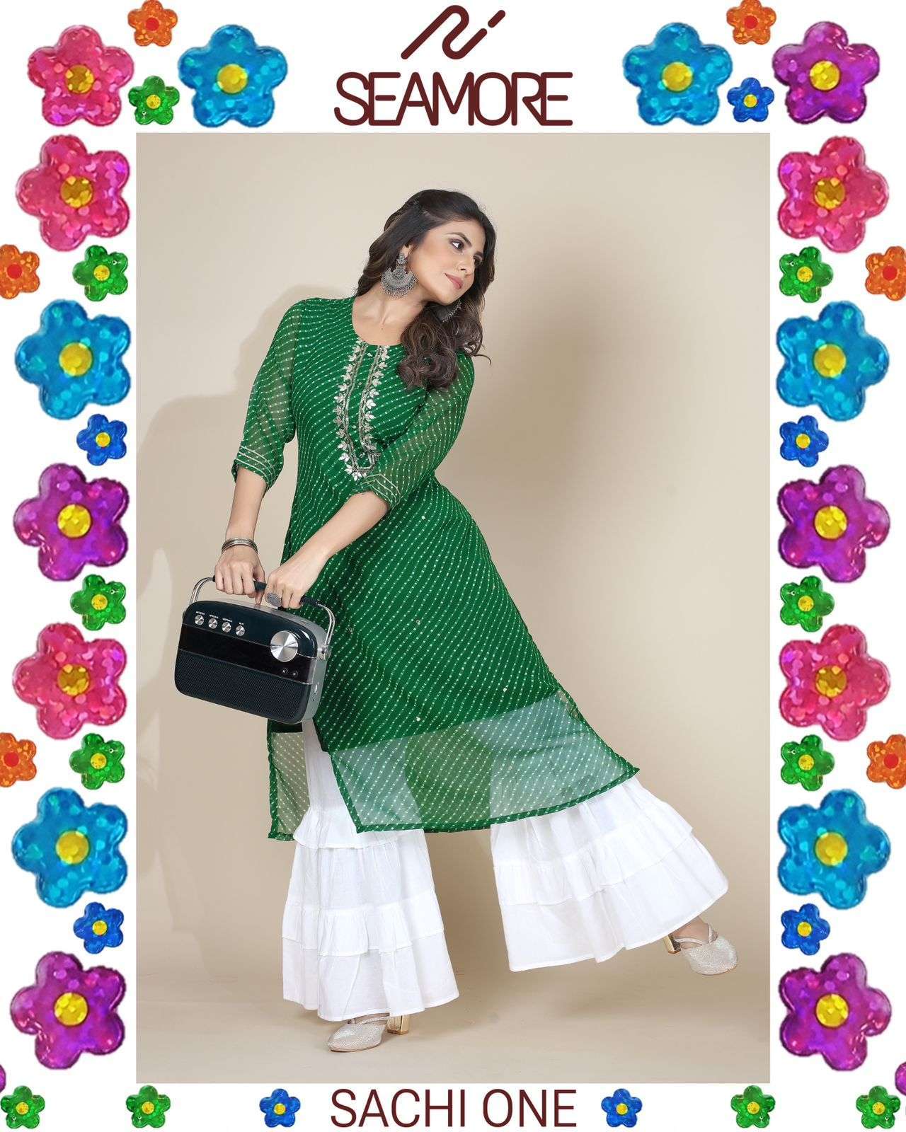 SACHI ONE BY SEAMORE 3001 TO 3006 SERIES GEORGETTE PRINT WORK KURTI & PLAZZO SET