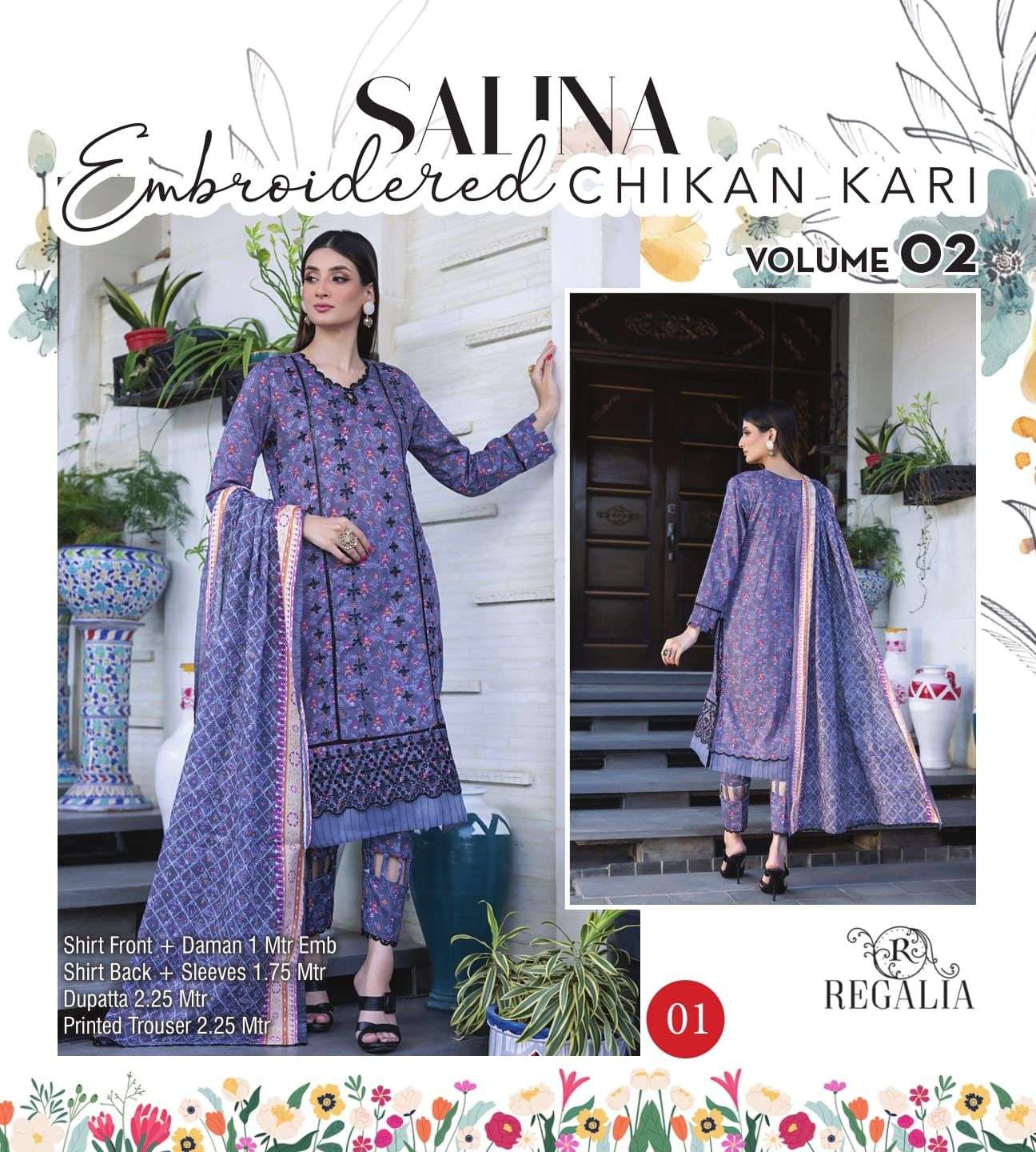 SALINA CHIKANKARI VOL-2 BY AQSAWHOLESALE 01 TO 12 SERIES LAWN PRINT WORK DRESSES