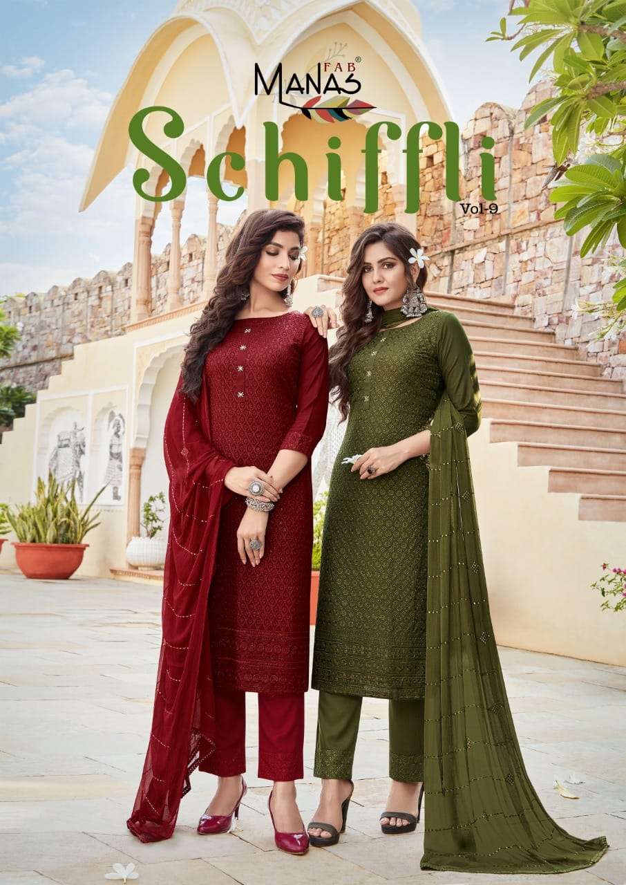 SCHIFFLI VOL-9 BY MANAS FAB 7049 TO 7054 SERIES RAYON SCHIFFLI WORK READYMADE DRESSES