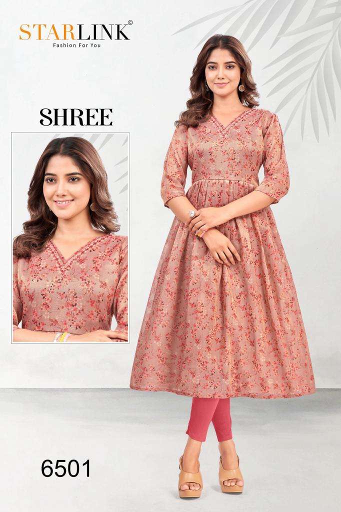 SHREE BY STARLINK 6501 TO 6525 SERIES TISSUE FABRIC JARI MIRROR WORK KURTIS