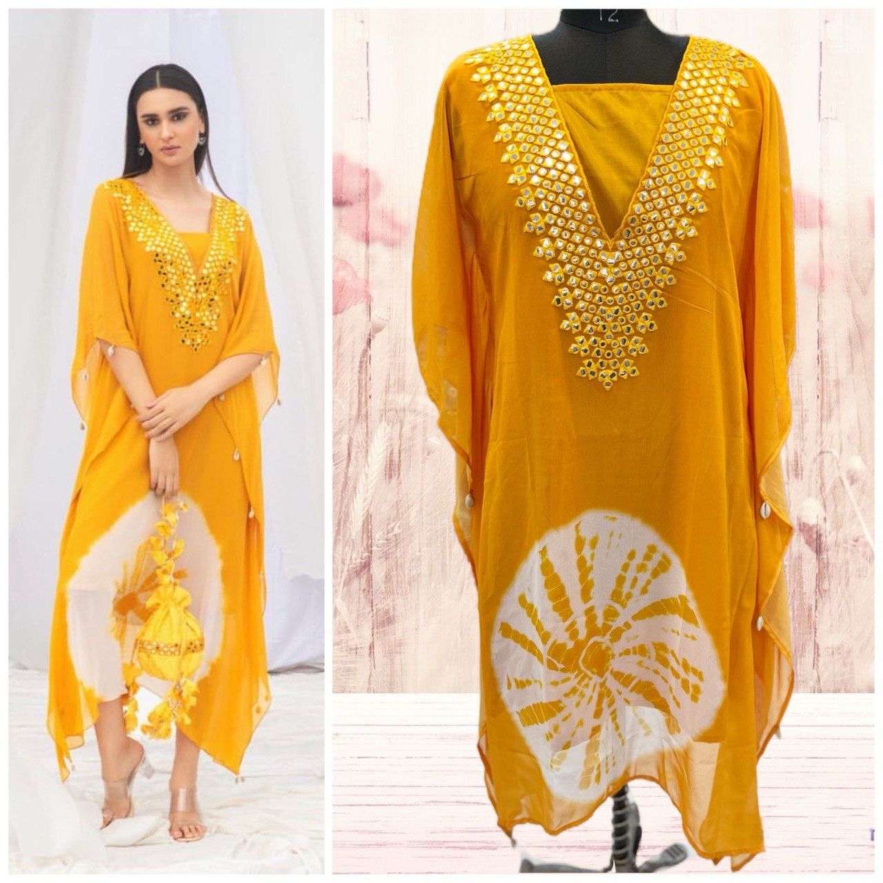 SIBORI BY AQSAWHOLESALE FAUX GEORGETTE PRINT MIRROR WORK KAFTAN KURTIS