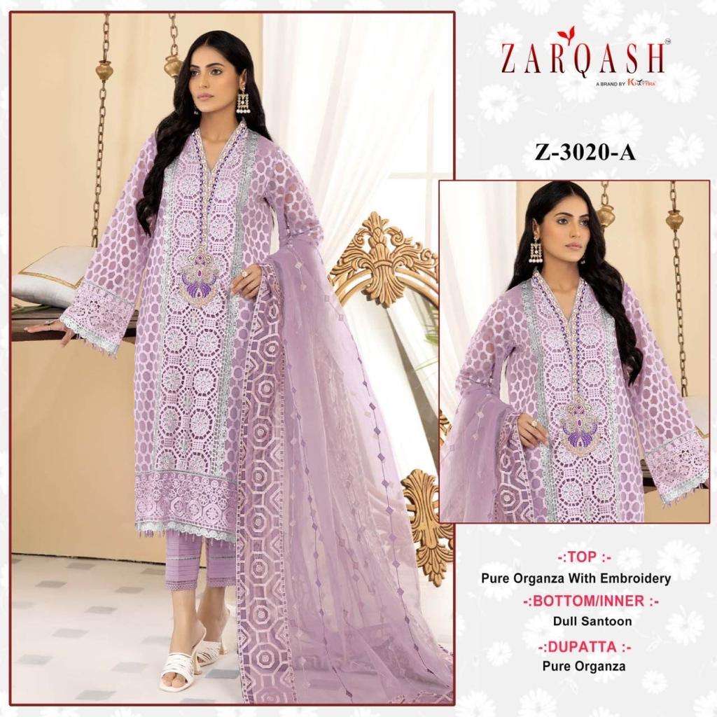 Z-3020 COLOURS BY ZARQASH 3020-A TO 3020-C SERIES ORGANZA HEAVY WORK PAKISTANI DRESSES