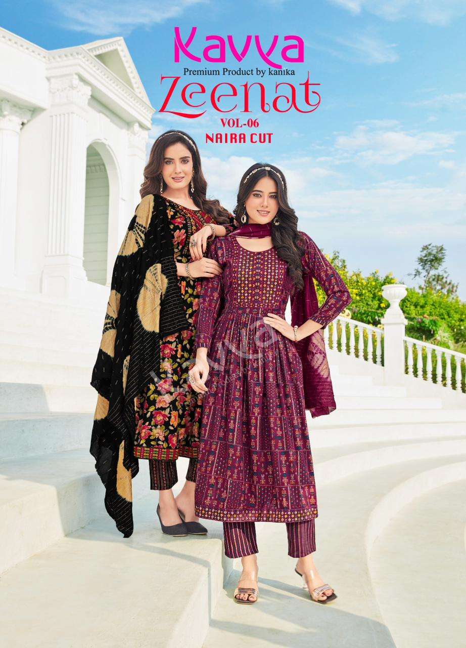 ZEENAT VOL-6 BY KAVYA 6001 TO 6010 SERIES RAYON PRINT WORK READYMADE DRESSES