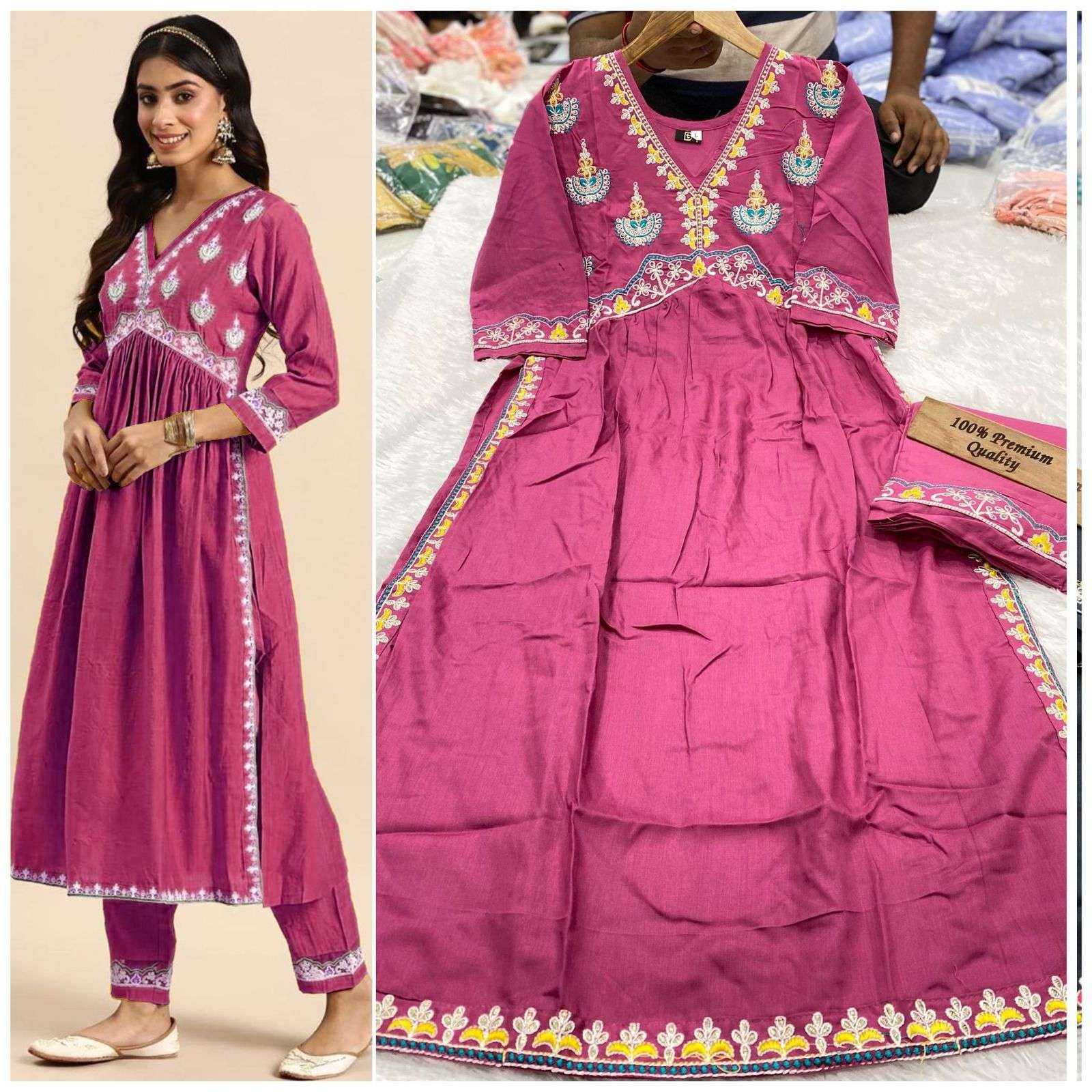 ZOMATO BY AQSAWHOLESALE RAYON HEAVY EMBROIDERY WORK NAYRA KURTI & PANTS