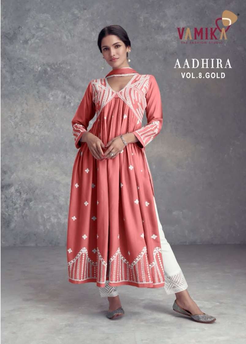 AADHIRA VOL-8 GOLD BY VAMIKA 1110-F TO 1110-J SERIES RAYON LAKHNAVI WORK READYMADE DRESSES