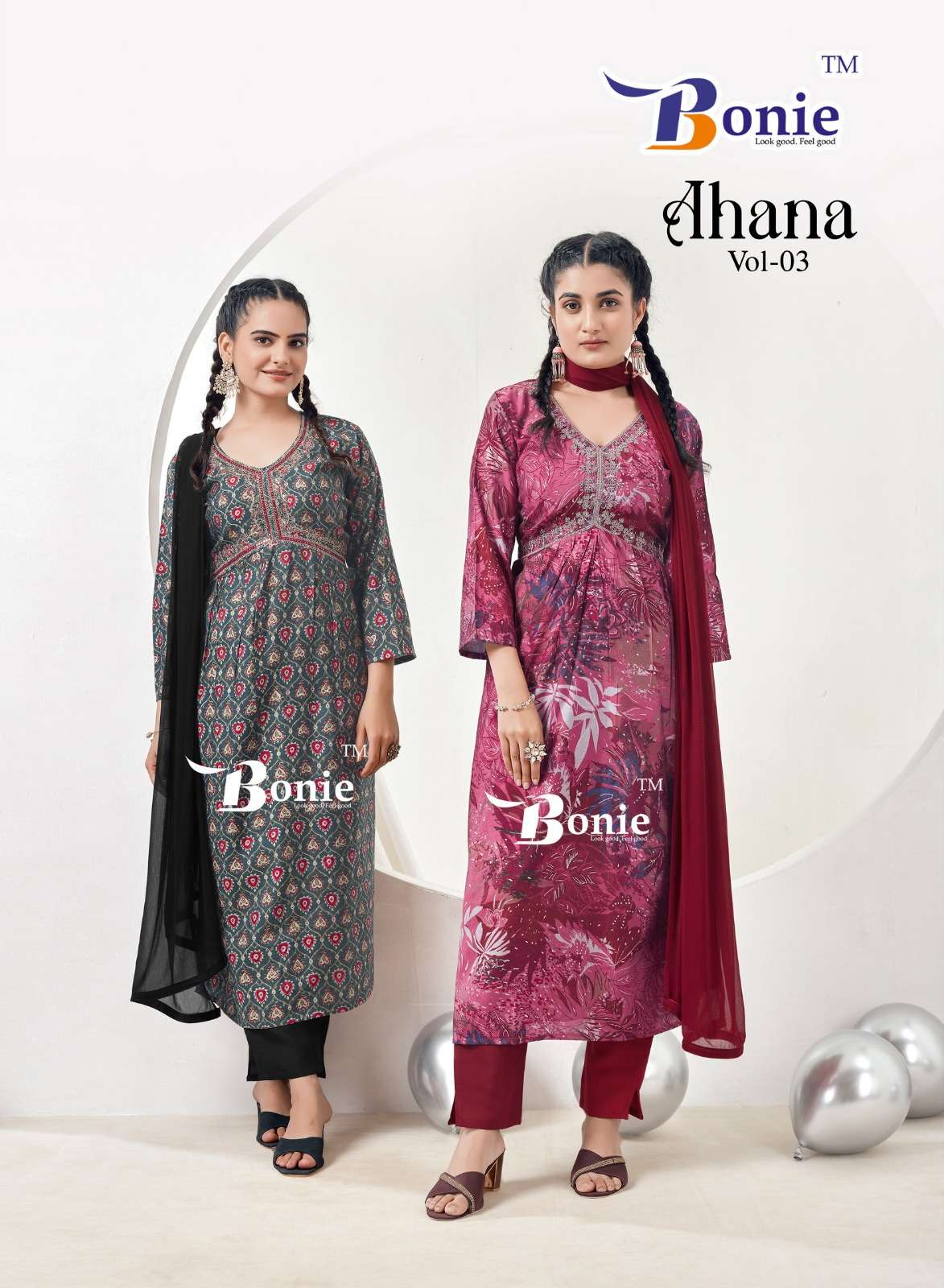 AHANA VOL-3 BY BONIE 3001 TO 3006 SERIES HEAVY CHANDERI SEQUENCE WORK READYMADE DRESSES