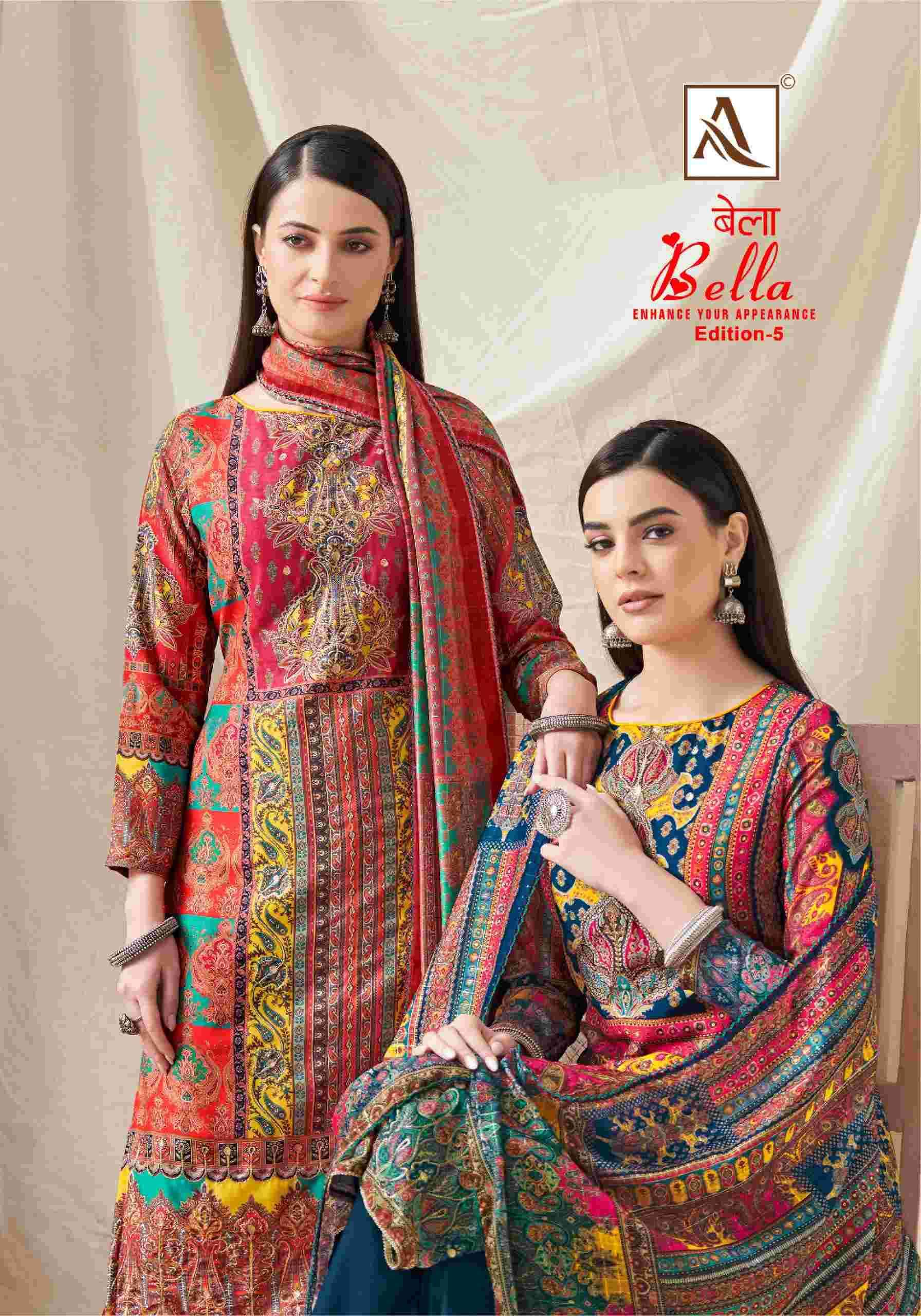 BELLA VOL-5 BY ALOK SUIT 1422-001 TO 1422-005 SERIES MUSLIN SILK EMBROIDERY WORK DRESSES