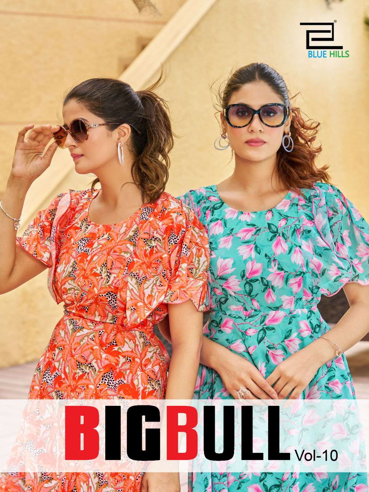 BIG BULL VOL-10 BY BLUE HILLS 10001 TO 10008 SERIES FAUX GEORGETTE PRINT GOWNS