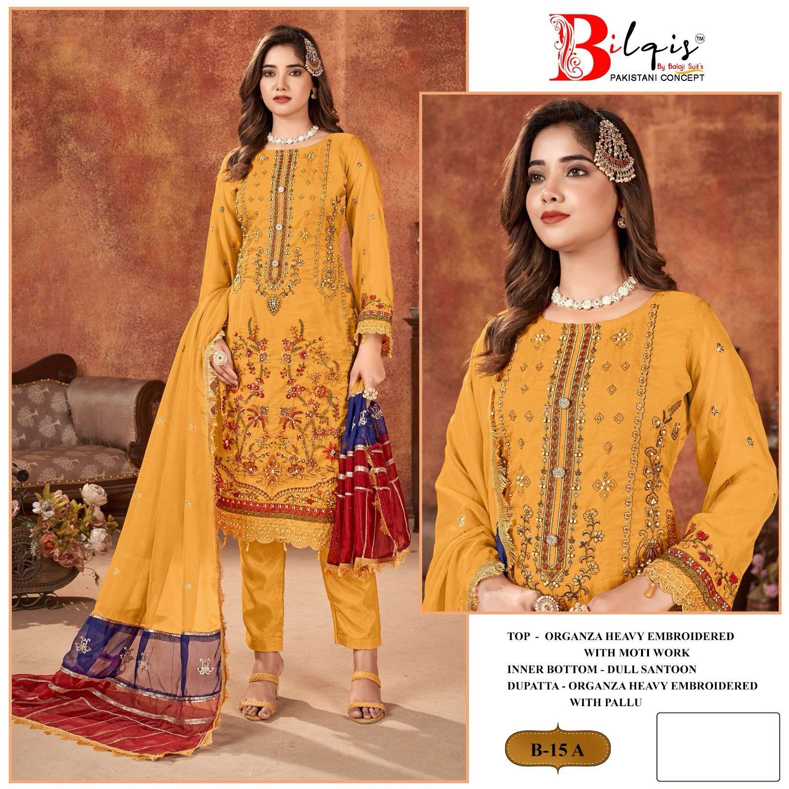 BILQIS B-15 HIT DESIGN AQSAWHOLESALE PURE ORGANZA EMBROIDERY WORK PAKISTANI DRESS