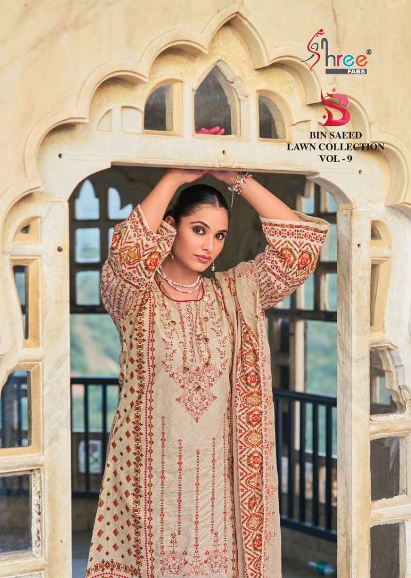 BIN SAEED LAWN COLLECTION VOL-9 BY SHREE FABS 9001 TO 9003 COTTON PRINT WORK DRESSES