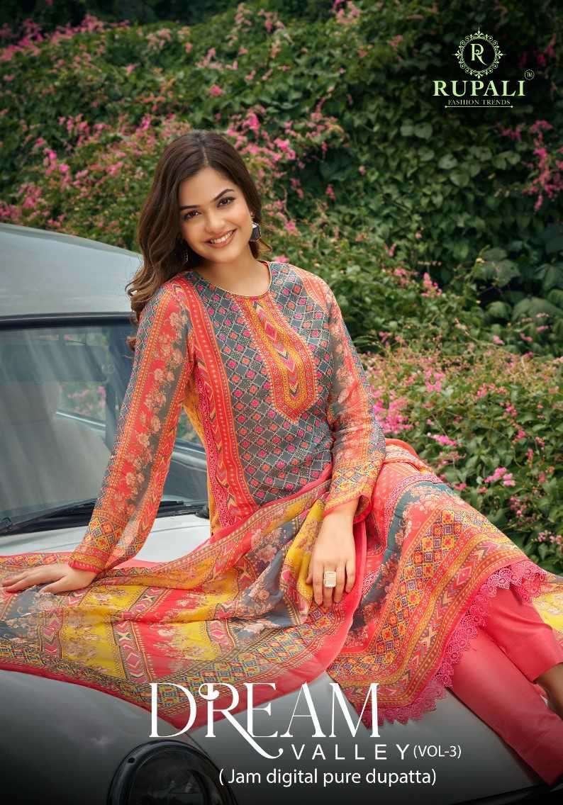 DREAM VALLEY VOL-3 BY RUPALI 3001 TO 3006 SERIES COTTON SATIN PRINT WORK DRESSES