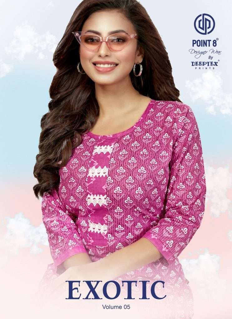 EXOTIC VOL-5 BY DEEPTEX 5001 TO 5008 SERIES COTTON PRINT WORK KURTI & PANTS