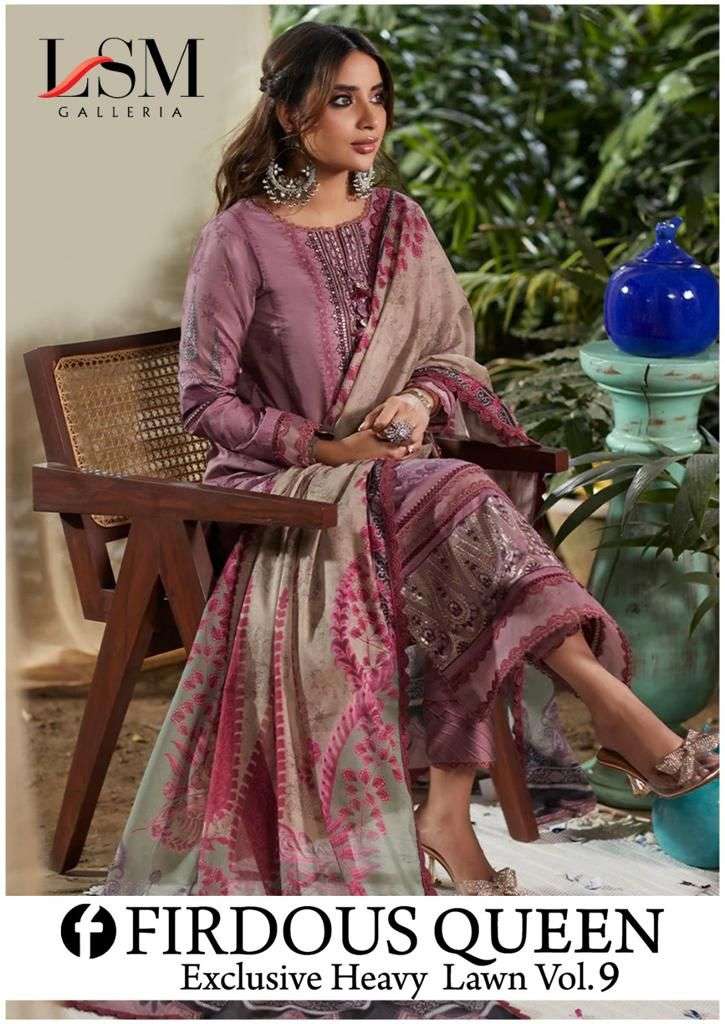 FIRDOUS QUEEN VOL-9 BY LSM GALLERIA 91 TO 96 SERIES HEAVY LAWN PRINT PAKISTANI DRESSES