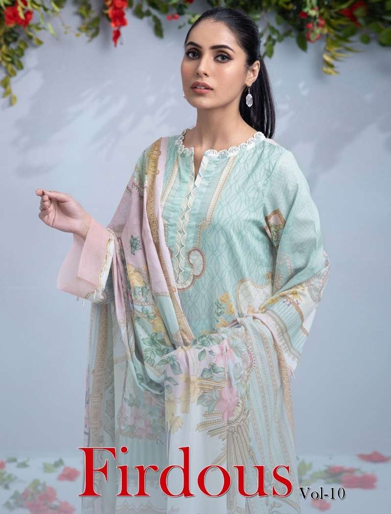 FIRDOUS VOL-10 BY SHRADDHA DESIGNER 10001 TO 10003 SERIES LAWN COTTON PRINT WORK DRESSES