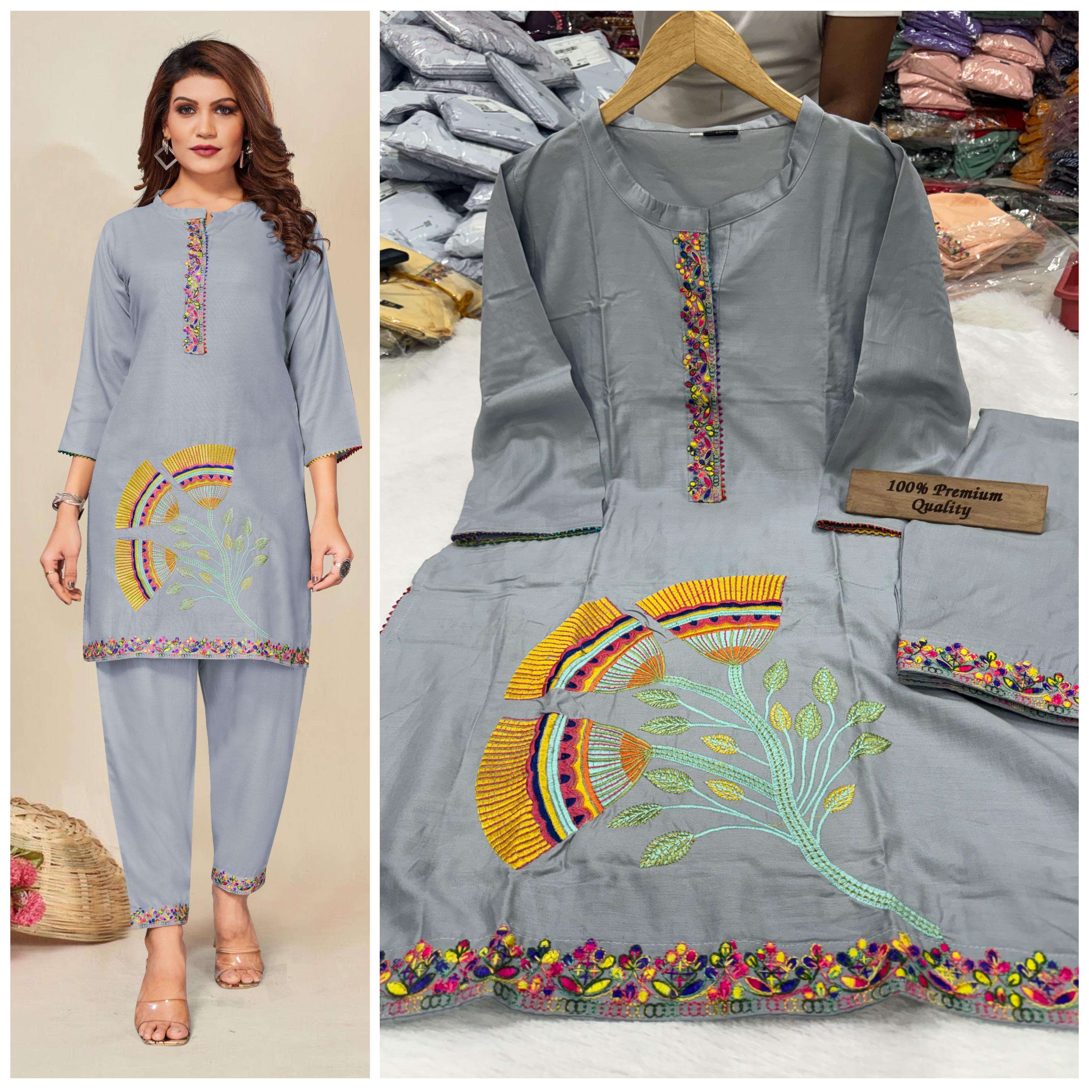 FUN2SH BY AQSAWHOLESALE HEAVY RAYON EMBROIDERY WORK KURTI & PANTS