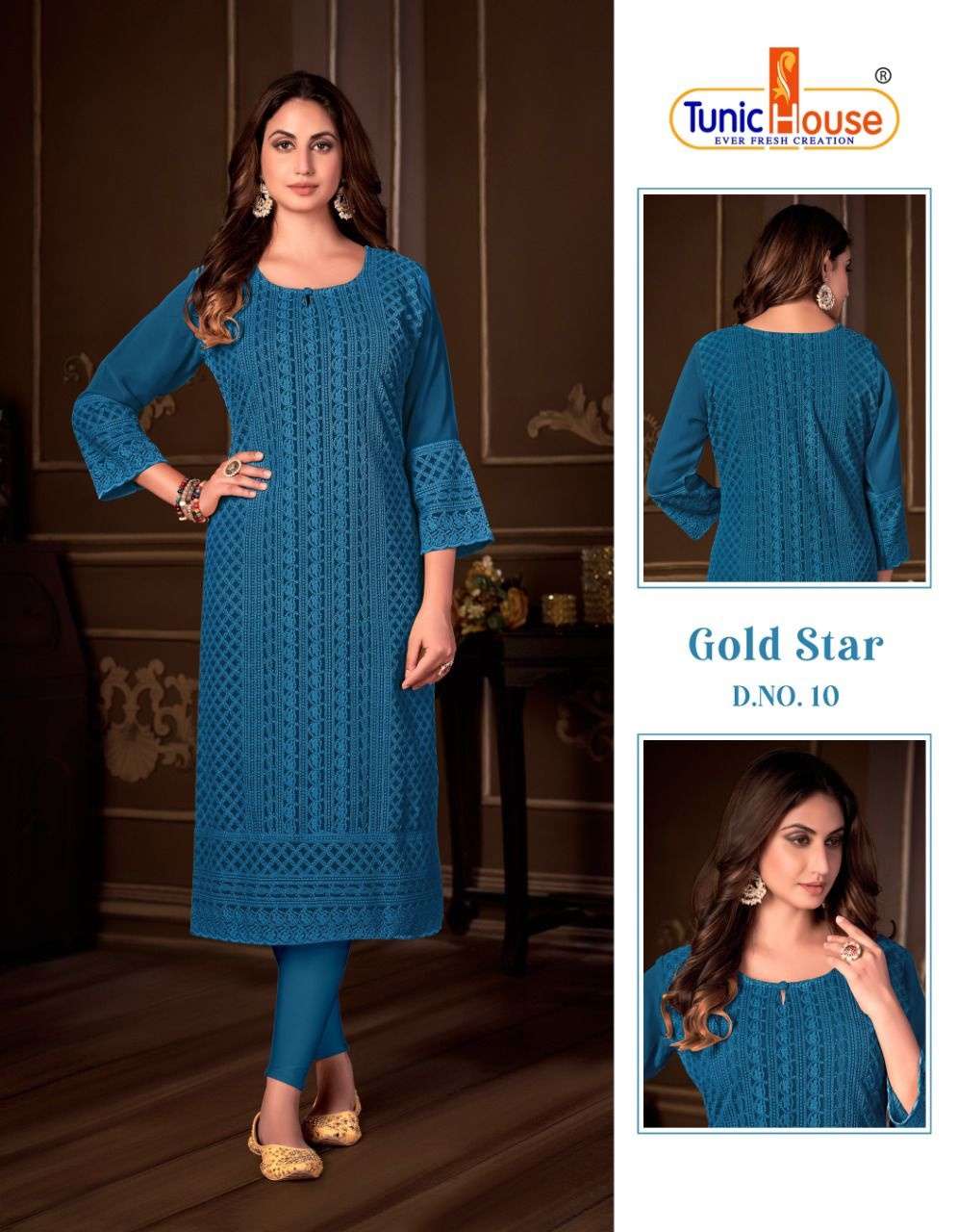 GOLD STAR BY TUNIC HOUSE 01 TO 15 SERIES GEOGETTE LUCKNOWI CHIKAN WORK KURTIS