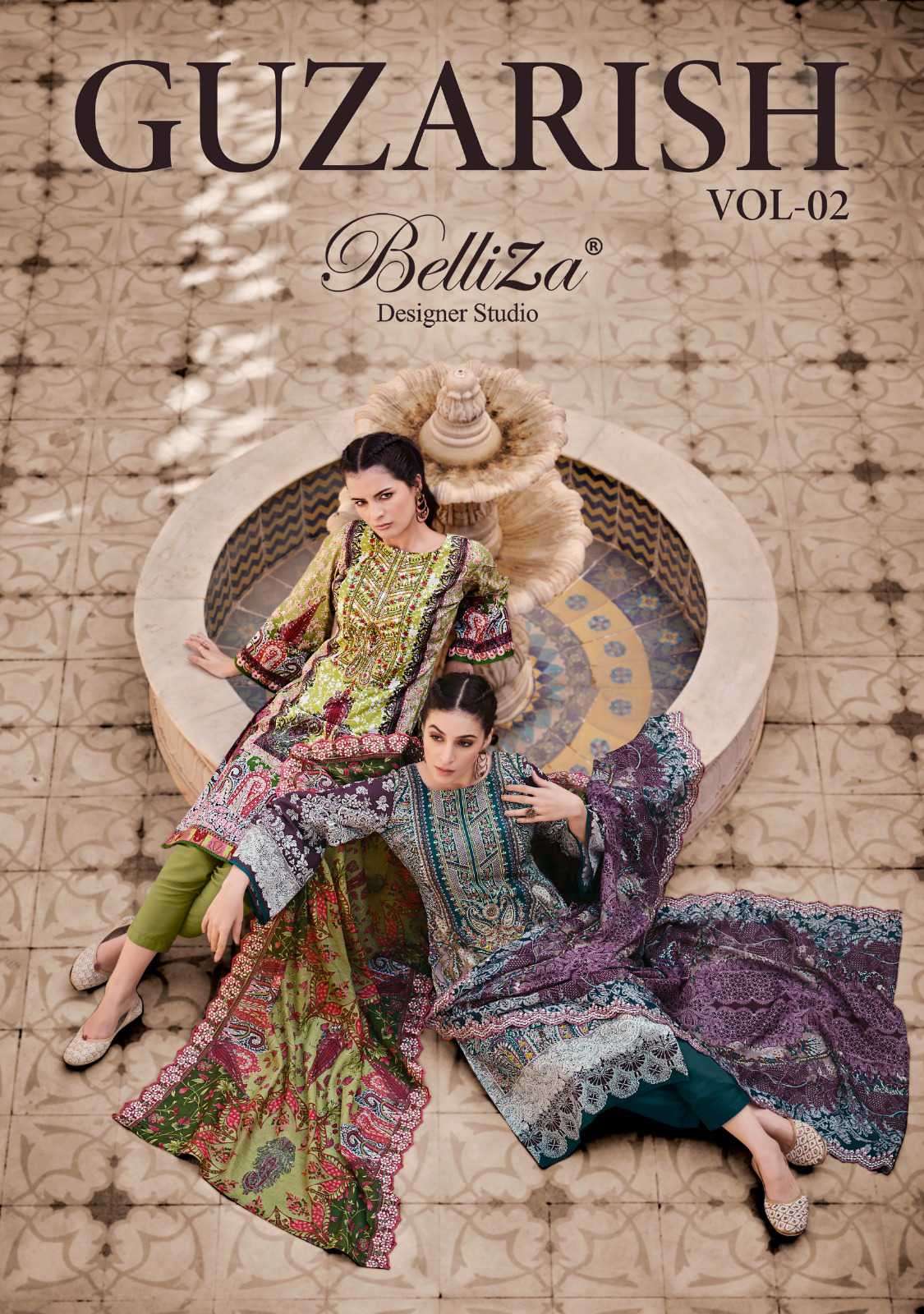 GUZARISH VOL-2 BY BELLIZA 874-001 TO 874-008 SERIES COTTON PRINT WORK PAKISTANI DRESSES