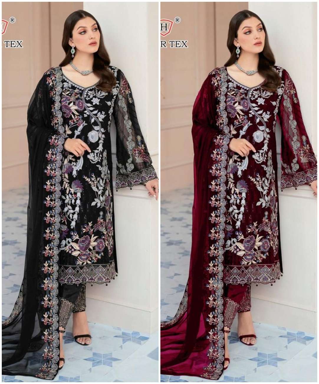 H-74 NX BY HOOR TEX 74-A & 74-D SERIES FAUX GEORGETTE EMBROIDERY WORK PAKISTANI DRESSES