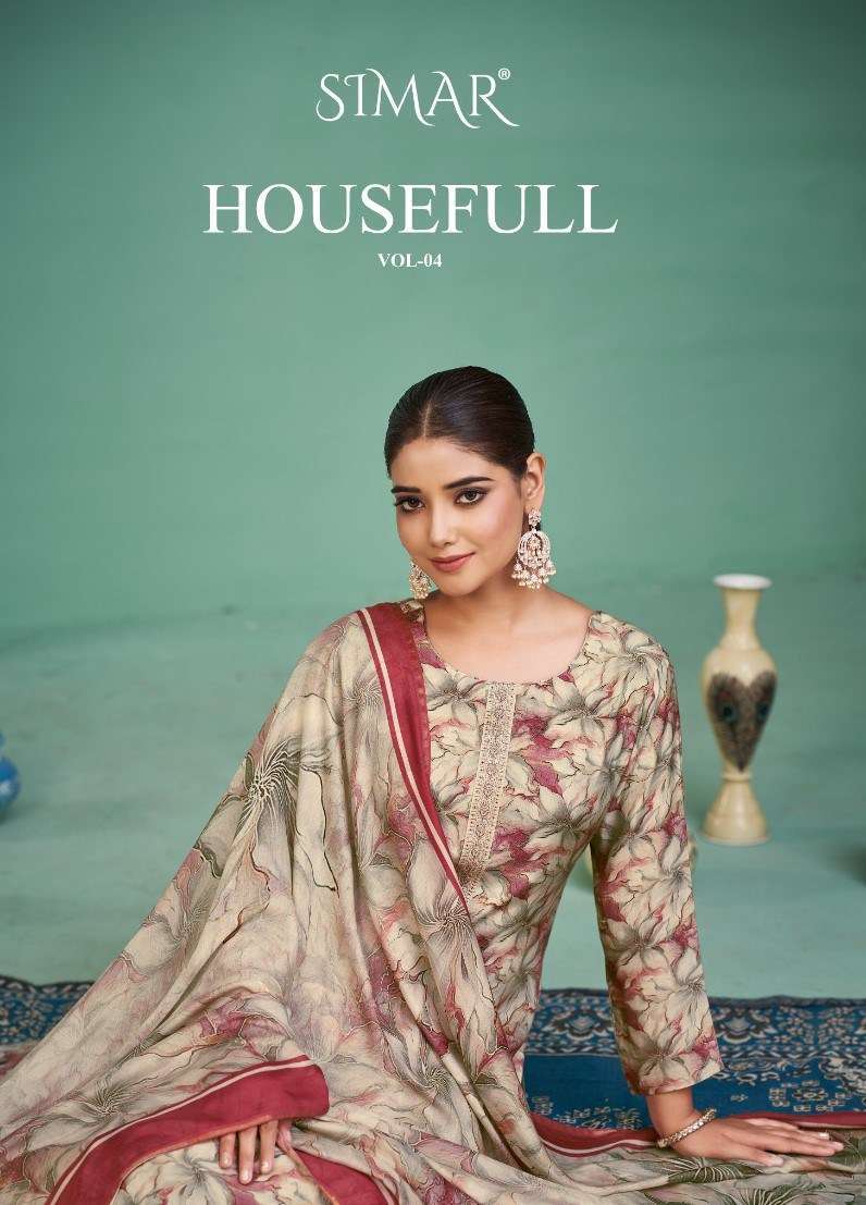 HOUSEFULL VOL-4 BY SIMAR 158 TO 162 SERIES VISCOSE MUSLIN PRINT WORK DRESSES