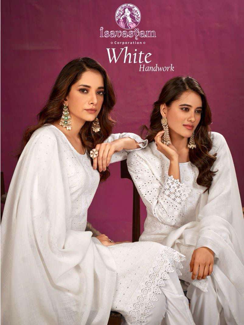 ISAVASYAM WHITE BY AQSAWHOLESALE 1001 TO 1006 SERIES PURE COTTON WORK READYMADE DRESSES