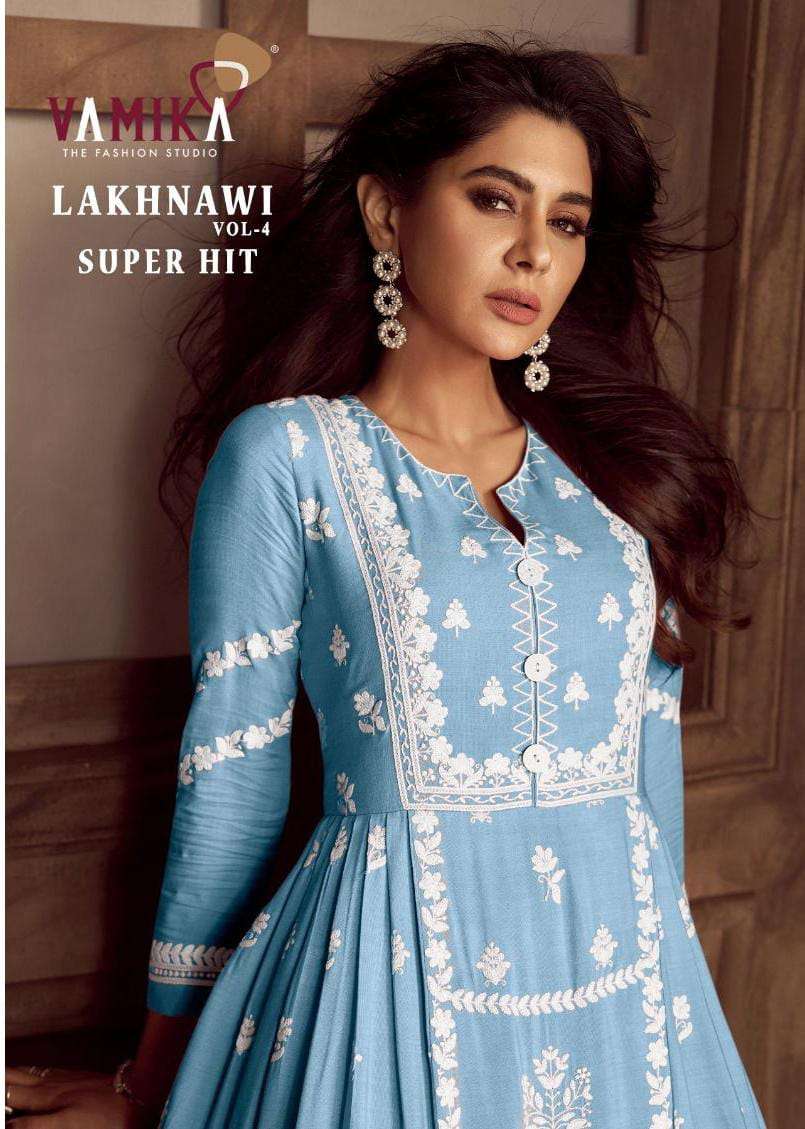 LAKHNAVI VOL-4 BY VAMIKA 1023-K TO 1023-O SERIES HEAVY RAYON WORK READYMADE DRESSES