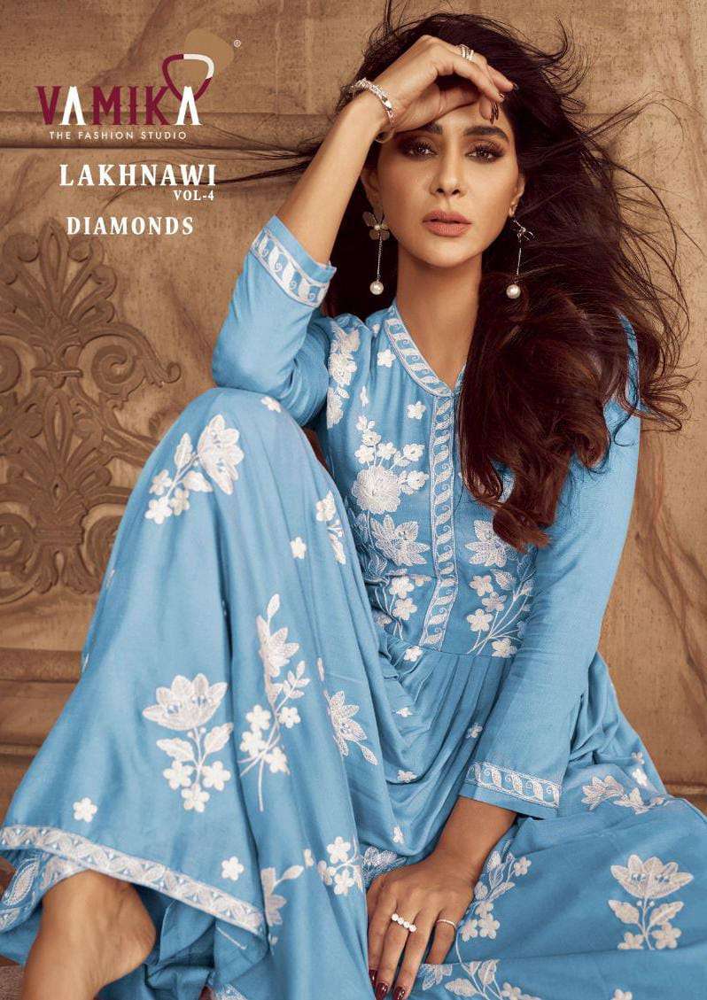 LAKHNAWI VOL-4 DIAMONDS BY VAMIKA 1024-M TO 1024-Q SERIES RAYON WORK READYMADE DRESSES