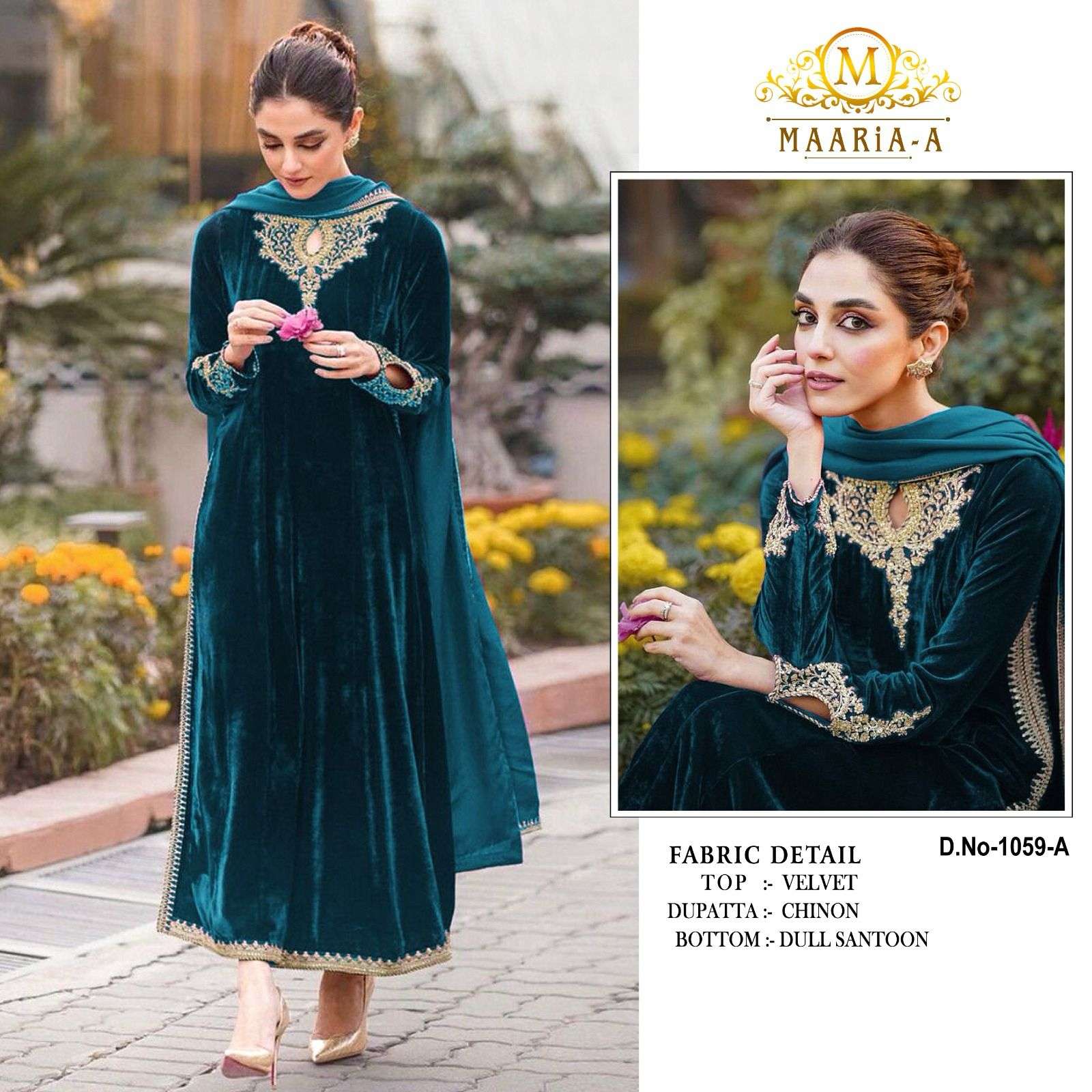 MAARIA 1059 COLOURS BY AQSAWHOLESALE 1059-A TO 1059-D SERIES VELVET WORK WINTER DRESSES